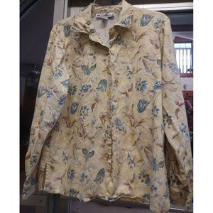 Dana Gibson Women's Linen Button-Up Shirt Medium Yellow Floral